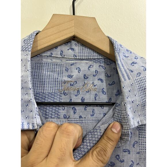 Linen Blend Boho Paisley Button Down Camp Shirt M Resort Patchwork Retro Blue - Picture 5 of 13